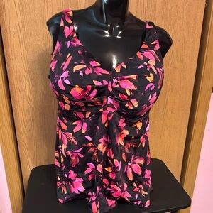 Swimsuits For All Black, Pink, and Orange floral tankini top